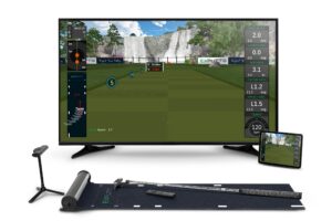 This image showcases the sophisticated Exputt RG Golf Simulator set up in a comfortable home setting. The high-quality mat, which is at the center of the image, is unrolled onto the floor, providing the perfect surface for practicing putting strokes. Above the mat, we can see the high-speed camera, ready to capture every detail of the user's golf swing. The simulation results are displayed on a large flat-screen TV in the background, illustrating the trajectory of the golf ball, the path of the putter, and other important golf metrics. The graphics are crisp and immersive, indicating the simulator's high-end technological capabilities. The Exputt RG Golf Simulator, with its innovative features and user-friendly interface, offers a transformative golfing experience, making it a great addition to any golfer's practice regime.