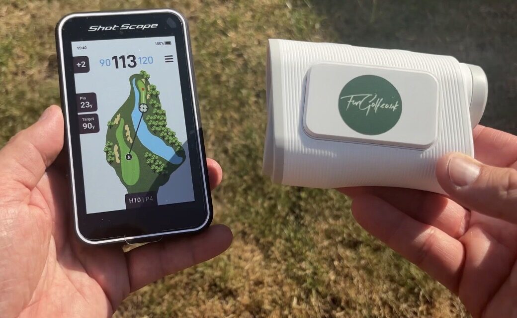 Shot Scope H50 handheld golf GPS being used on a golf course showing a full-colour hole map and yardages vs rangefinder